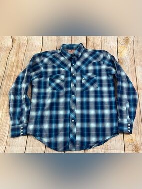 Mens Wrangler Western American Cowboys Pearl Snap Button Blue Shirt Large